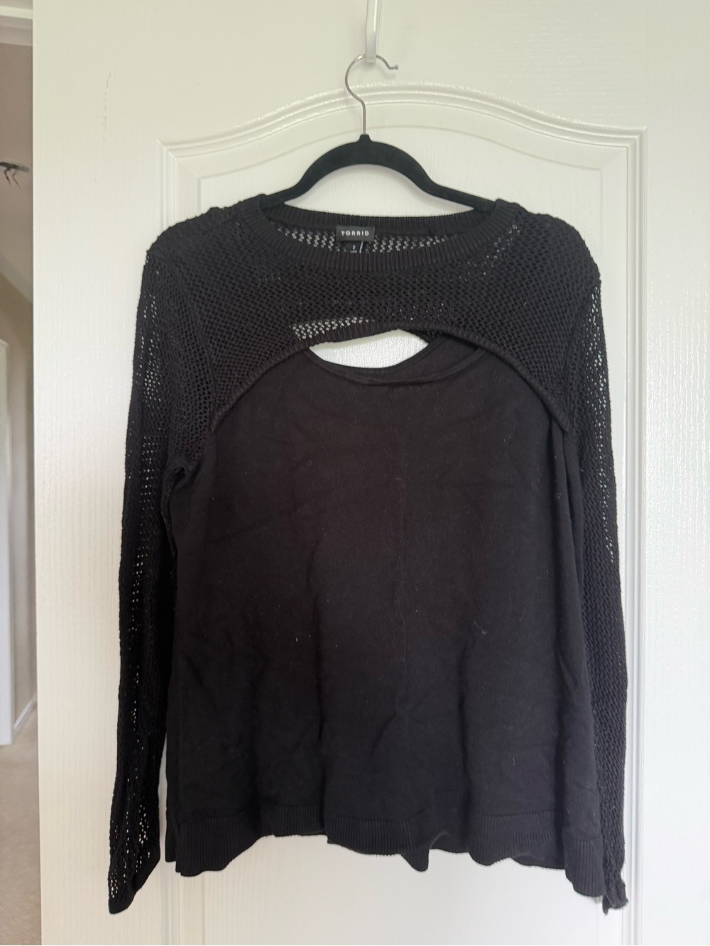 torrid Black Open-Knit Layered Pullover with open work shoulders and arms
